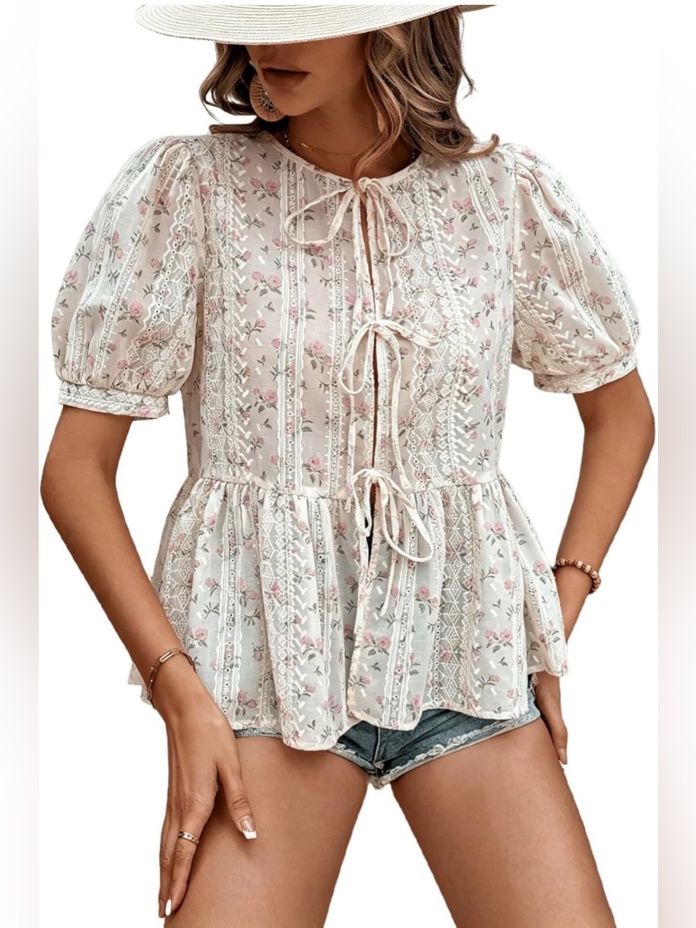 WDIRARA Floral Lace Bow Tie-Front Peplum Baby Doll Round neck Blouse NWT XXL